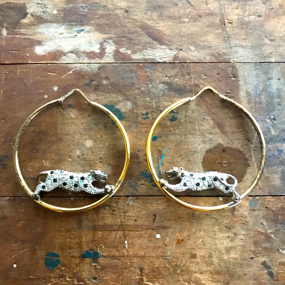 Vintage sterling leopard hoop earrings
